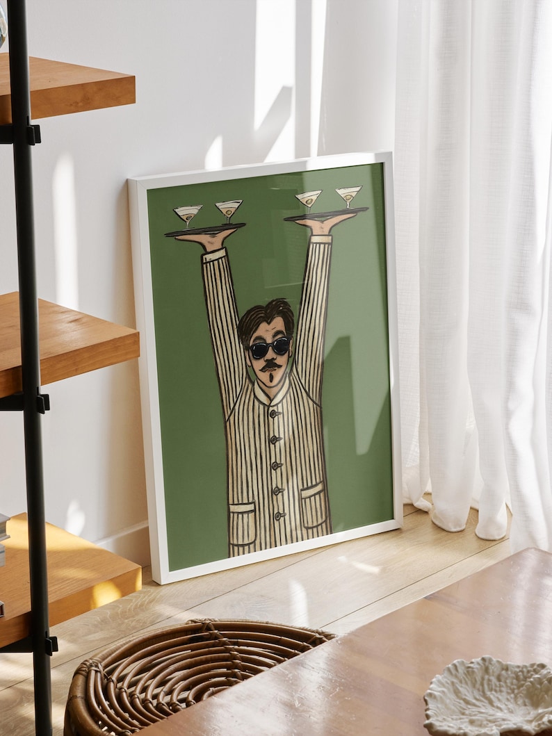 Lámina artística de camarero retro, arte para la pared de la cocina, arte de mediados de siglo, póster de barman, obra de arte humorística, decoración divertida para el bar imagen 5