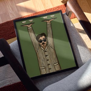Lámina artística de camarero retro, arte para la pared de la cocina, arte de mediados de siglo, póster de barman, obra de arte humorística, decoración divertida para el bar imagen 4