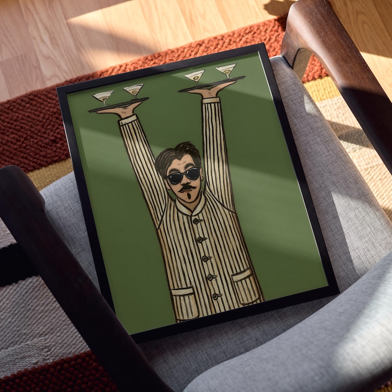 Lámina artística de camarero retro, arte para la pared de la cocina, arte de mediados de siglo, póster de barman, obra de arte humorística, decoración divertida para el bar imagen 4
