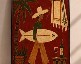 May include: A framed painting on a deep red background depicting a person in a wide-brimmed hat carrying a large white fish. A palm tree, a hanging cloth, a potted plant, and a small table with a wine bottle and glass are also featured in the scene.