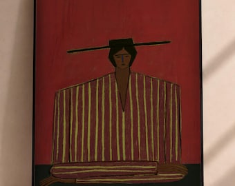 May include: A framed wall art print featuring a stylized figure wearing a wide-brimmed black hat and a long-sleeved garment with vertical yellow and dark red stripes. The figure is set against a solid deep red background with a black base.