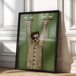 Lámina artística de camarero retro, arte para la pared de la cocina, arte de mediados de siglo, póster de barman, obra de arte humorística, decoración divertida para el bar imagen 2