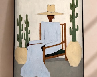 Figürlicher Kunstdruck, Wohnzimmerbild, Frau mit Hut, Wüstenmotiv, Hellblaue Dekoration, Einzugsgeschenk