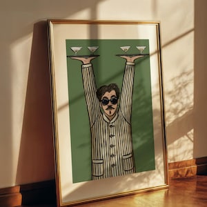 Lámina artística de camarero retro, arte para la pared de la cocina, arte de mediados de siglo, póster de barman, obra de arte humorística, decoración divertida para el bar imagen 7