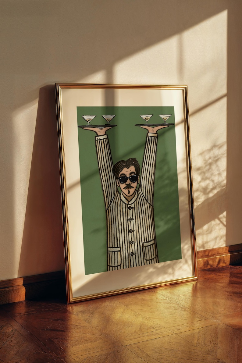 Lámina artística de camarero retro, arte para la pared de la cocina, arte de mediados de siglo, póster de barman, obra de arte humorística, decoración divertida para el bar imagen 7