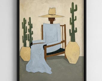Lámina artística figurativa Mujer con sombrero, decoración moderna de pared estilo desierto, arte de estilo suroeste para sala de estar, decoración serena para dormitorio, regalo único para ella.