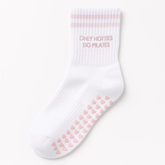Pilates Grip Socks: Pink Heart Grips, "Only Hotties Do Pilates" Embroidery Light Pink