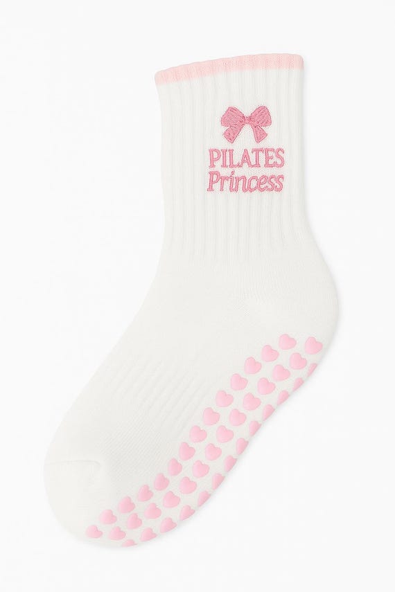 Solisse Pilates Socks – PINK "PILATES PRINCESS" Embroidered Bow Edition - Non-Slip Pilates Crew Socks, Pilates Yoga Barre Fitness Socks