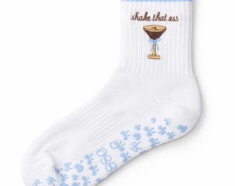 Sabrina Carpenter Inspired Espresso Martini  “Shake That Ess” Grip Socks | Blue Bow Non-Slip Barre Pilates Yoga Socks