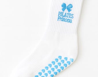 Pilates Princess Grip Socks: Baby Blue Embroidered Bow - Non-Slip Barre Socks