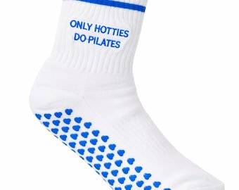 Pilates Grip Socks: Blue Heart Grips, "Only Hotties Do Pilates" Embroidery Royal Blue