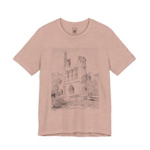 May include: A light pink t-shirt featuring a detailed black and white illustration of a historic building ruin. The graphic is centered on the front of the shirt. The shirt has short sleeves and a crew neck.