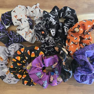 Halloween Cotton Scrunchies: Black Cat, Pumpkins, Spider Webs