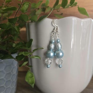 Ice Blue Beaded Dangle Earrings: Silver Plated Brass