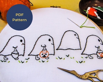 Little Ghosts-handborduurpatroon, pdf-download, instructies en steekgidssjablonen en basishandleiding voor beginners, borduurring van 6 en 8 inch