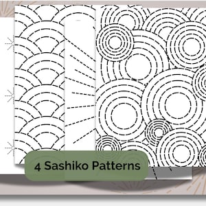 K&ouml;nnte beinhalten: Vier wei&szlig;e Bl&auml;tter mit schwarzen Sashiko-Mustern. Die Muster umfassen ein F&auml;cherdesign, Sonnenstrahlen, Schneeflocken und konzentrische Kreise. Der Text "4 Sashiko Patterns" befindet sich auf einem gr&uuml;nen Etikett.