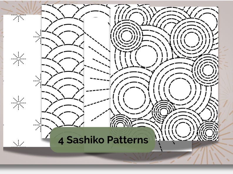K&ouml;nnte beinhalten: Vier wei&szlig;e Bl&auml;tter mit schwarzen Sashiko-Mustern. Die Muster umfassen ein F&auml;cherdesign, Sonnenstrahlen, Schneeflocken und konzentrische Kreise. Der Text "4 Sashiko Patterns" befindet sich auf einem gr&uuml;nen Etikett.