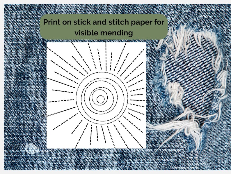 K&ouml;nnte beinhalten: Ein wei&szlig;es quadratisches Design mit einem Sonnenmuster aus schwarzen gestrichelten Linien, f&uuml;r sichtbares Ausbessern. Das Design befindet sich auf einem Jeanshintergrund mit einem abgenutzten Bereich. Text: "Auf Stick- und Klebepapier zum sichtbaren Ausbessern drucken."