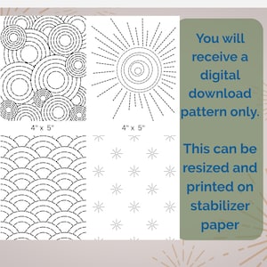 K&ouml;nnte beinhalten: Vier schwarz-wei&szlig;e digitale Quiltmuster, jeweils 10 cm x 13 cm, mit verschiedenen Designs wie Kreisen, einem Sonnenstrahl, Wellen und Schneeflocken. Das Bild enth&auml;lt Text, der besagt, dass es sich um einen digitalen Download handelt, der vergr&ouml;&szlig;ert und gedruckt werden kann.
