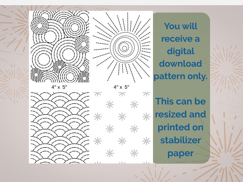 K&ouml;nnte beinhalten: Vier schwarz-wei&szlig;e digitale Quiltmuster, jeweils 10 cm x 13 cm, mit verschiedenen Designs wie Kreisen, einem Sonnenstrahl, Wellen und Schneeflocken. Das Bild enth&auml;lt Text, der besagt, dass es sich um einen digitalen Download handelt, der vergr&ouml;&szlig;ert und gedruckt werden kann.