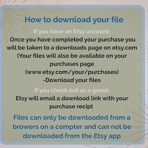 K&ouml;nnte beinhalten: Eine hellgr&uuml;ne Informationskarte mit dem Titel "So laden Sie Ihre Datei herunter" und Anweisungen f&uuml;r Etsy-Benutzer und G&auml;ste. Die Karte hat einen hellblauen Rand und ein dekoratives Sternmuster.