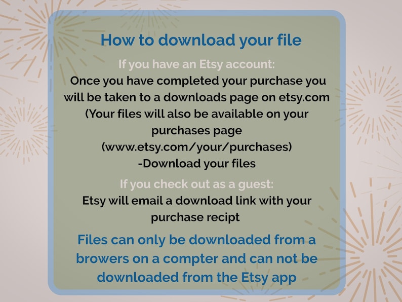 K&ouml;nnte beinhalten: Eine hellgr&uuml;ne Informationskarte mit dem Titel "So laden Sie Ihre Datei herunter" und Anweisungen f&uuml;r Etsy-Benutzer und G&auml;ste. Die Karte hat einen hellblauen Rand und ein dekoratives Sternmuster.