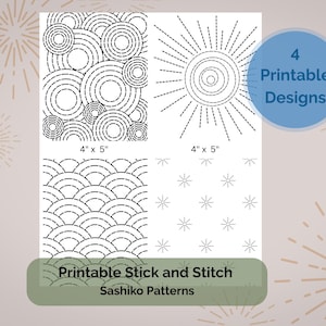 以下が含まれることがあります： 4つの印刷可能な刺し子模様。各10cm x 13cmで、同心円、太陽光線、波のような曲線、星型の形など、さまざまなデザインが特徴です。デザインは白地に黒です。「Printable Stick and Stitch Sashiko Patterns」の文字も含まれています。
