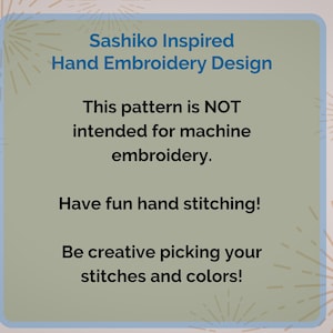 K&ouml;nnte beinhalten: Hellgr&uuml;ner Hintergrund mit blauem Rand. Der Text lautet "Sashiko Inspired Hand Embroidery Design". Der Text gibt auch an, dass das Muster nicht f&uuml;r Maschinenstickerei bestimmt ist und ermutigt zum Handsticken mit kreativen Stichen und Farben.