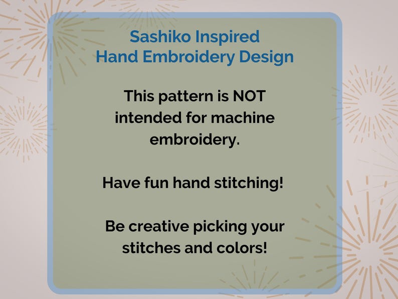 K&ouml;nnte beinhalten: Hellgr&uuml;ner Hintergrund mit blauem Rand. Der Text lautet "Sashiko Inspired Hand Embroidery Design". Der Text gibt auch an, dass das Muster nicht f&uuml;r Maschinenstickerei bestimmt ist und ermutigt zum Handsticken mit kreativen Stichen und Farben.