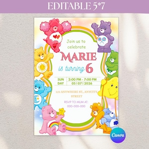Invitación de cumpleaños de los Osos Cariñositos: Plantilla editable de Canva (Descarga digital)