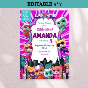 Editable Girl SuperKitties Invite, Kitties Invitation Template, Kitty Cat Girl Party Invite, Cute Kitten Invite, Printable Canva, Digital