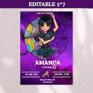 Wednesday Addams Birthday Invitation: Spooky Nevermore Party (Canva Editable, Digital Download)