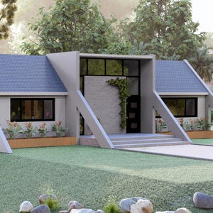 PLANO DE CASA ORIGINAL + ELEVACIÓN / (5x15 Metros) Moderna Casa Pequeña / Cabaña de Lujo / 2 habitaciones