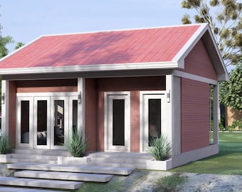 モダンな小さな家のフロアプランと立面図：1ベッドルームキャビンデザイン（デジタルダウンロード）