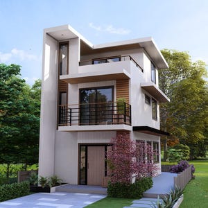May include: A modern three-story house with a white exterior, balconies, and dark-framed windows. The house has a flat roof and is surrounded by lush green trees and a well-maintained lawn. A small garden with purple flowers is in front of the house.