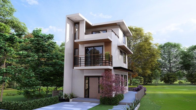 May include: A modern three-story house with a white exterior, balconies, and dark-framed windows. The house has a flat roof and is surrounded by lush green trees and a well-maintained lawn. A small garden with purple flowers is in front of the house.