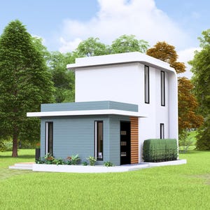 May include: A modern two-story house with a white upper level and a blue-gray lower level. The house has large windows and a wooden door. It is surrounded by green grass and trees.
