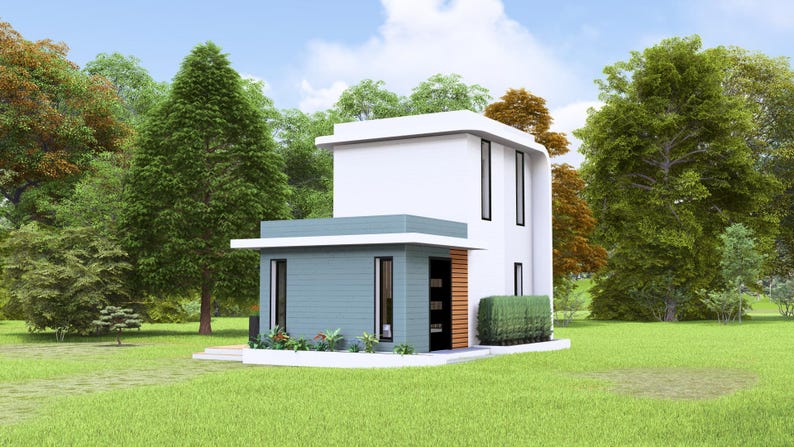 May include: A modern two-story house with a white upper level and a blue-gray lower level. The house has large windows and a wooden door. It is surrounded by green grass and trees.
