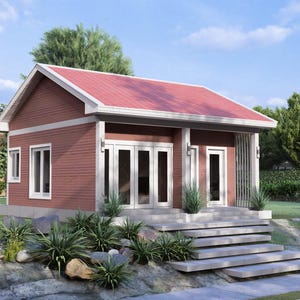 May include: A small, red-brown house with a red roof and white trim. The house has a porch with white doors and windows. Steps lead up to the porch. Landscaping includes green plants and grass. The sky is blue with some clouds.