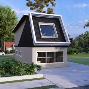 May include: A modern two-story house with a black roof and a large window. The house has a light gray exterior with white trim. A black car is parked in the driveway. Palm trees and other greenery surround the house.