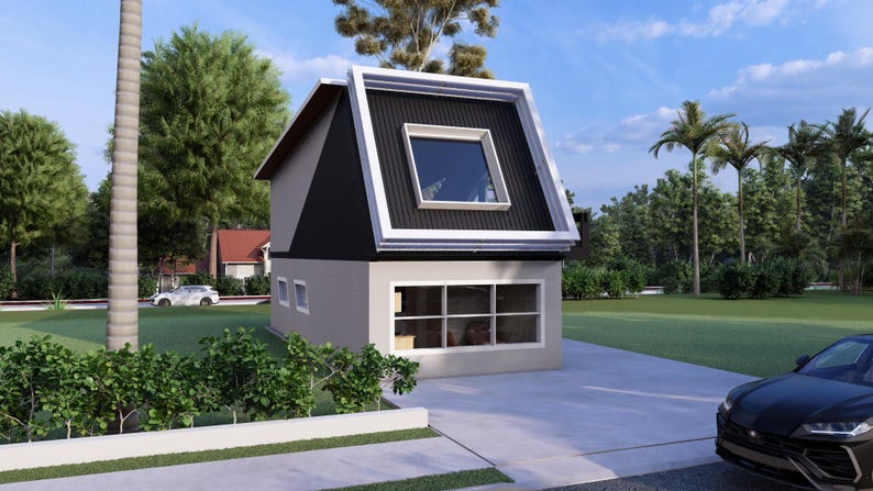 May include: A modern two-story house with a black roof and a large window. The house has a light gray exterior with white trim. A black car is parked in the driveway. Palm trees and other greenery surround the house.
