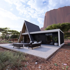 K&ouml;nnte beinhalten: Modernes A-Frame-Haus mit flachem Dach, eingebettet in eine W&uuml;stenlandschaft mit roten Felsformationen. Es verf&uuml;gt &uuml;ber eine Terrasse mit Gartenm&ouml;beln, Topfpflanzen und gro&szlig;en Fenstern.