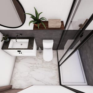 Puede incluir: Un inodoro y un lavabo blancos con una encimera blanca en un ba&ntilde;o moderno. El ba&ntilde;o tiene un suelo de m&aacute;rmol blanco y una pared de azulejos blancos y negros. Hay una peque&ntilde;a planta en la encimera y un espejo sobre el lavabo.