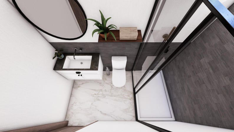 Puede incluir: Un inodoro y un lavabo blancos con una encimera blanca en un ba&ntilde;o moderno. El ba&ntilde;o tiene un suelo de m&aacute;rmol blanco y una pared de azulejos blancos y negros. Hay una peque&ntilde;a planta en la encimera y un espejo sobre el lavabo.