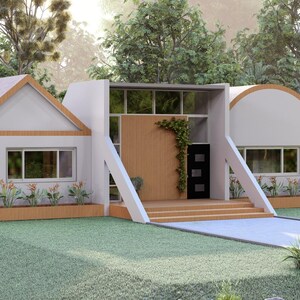 May include: A modern white house with a unique architectural design. The house features a gabled section, a rectangular section with a glass facade, and a rounded section. The house has a wooden door, a concrete driveway, and is surrounded by greenery.