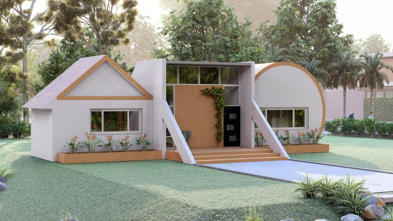 May include: A modern white house with a unique architectural design. The house features a gabled section, a rectangular section with a glass facade, and a rounded section. The house has a wooden door, a concrete driveway, and is surrounded by greenery.