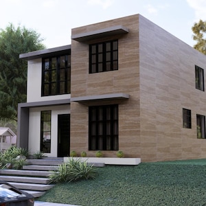 Puede incluir: Una casa moderna de dos pisos con fachada marr&oacute;n claro y ventanas con marcos oscuros. La casa tiene un techo plano y un dise&ntilde;o minimalista. El paisajismo incluye un peque&ntilde;o c&eacute;sped, arbustos y un camino de piedra. Un coche deportivo negro est&aacute; estacionado al frente.