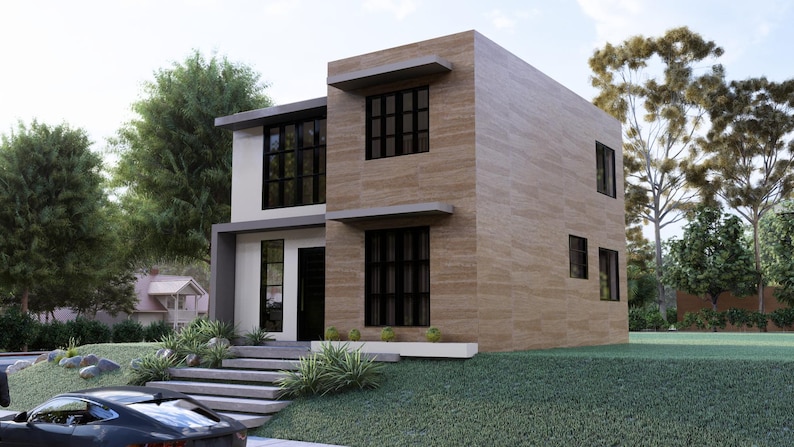 Puede incluir: Una casa moderna de dos pisos con fachada marr&oacute;n claro y ventanas con marcos oscuros. La casa tiene un techo plano y un dise&ntilde;o minimalista. El paisajismo incluye un peque&ntilde;o c&eacute;sped, arbustos y un camino de piedra. Un coche deportivo negro est&aacute; estacionado al frente.