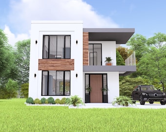 Modern Small House Plan: 2 Bedroom Floorplan & Elevation (Digital Download)