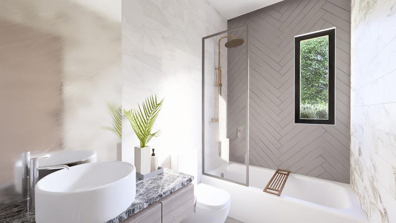 May include: Modern bathroom interior with a white oval sink, marble countertop, and a glass shower enclosure. The room features a bathtub, a window with a view of greenery, and a gray herringbone tile wall. A decorative plant adds a touch of nature.